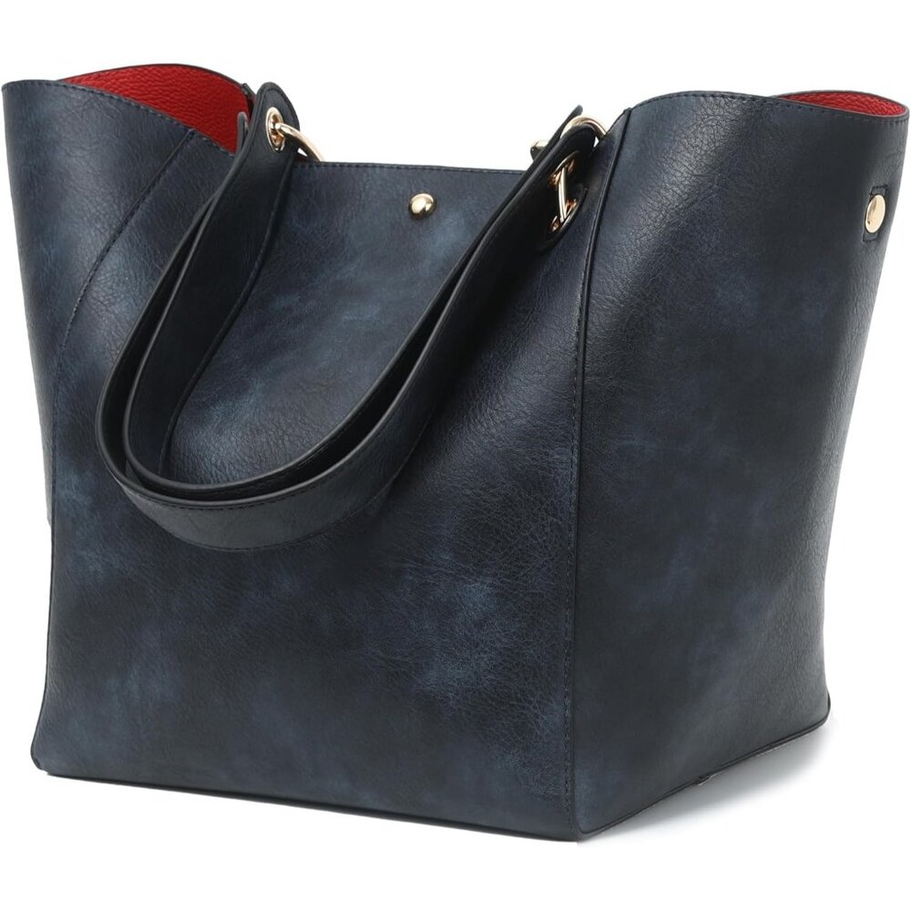 ⚡‎ Women's Dark Blue Large Leather Big Bucket Crossbody Travel Tote Bag